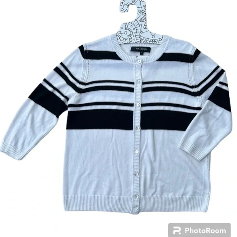 St. John Women’s White Button Up Cardigan Striped Size S Metallic Gold Threads